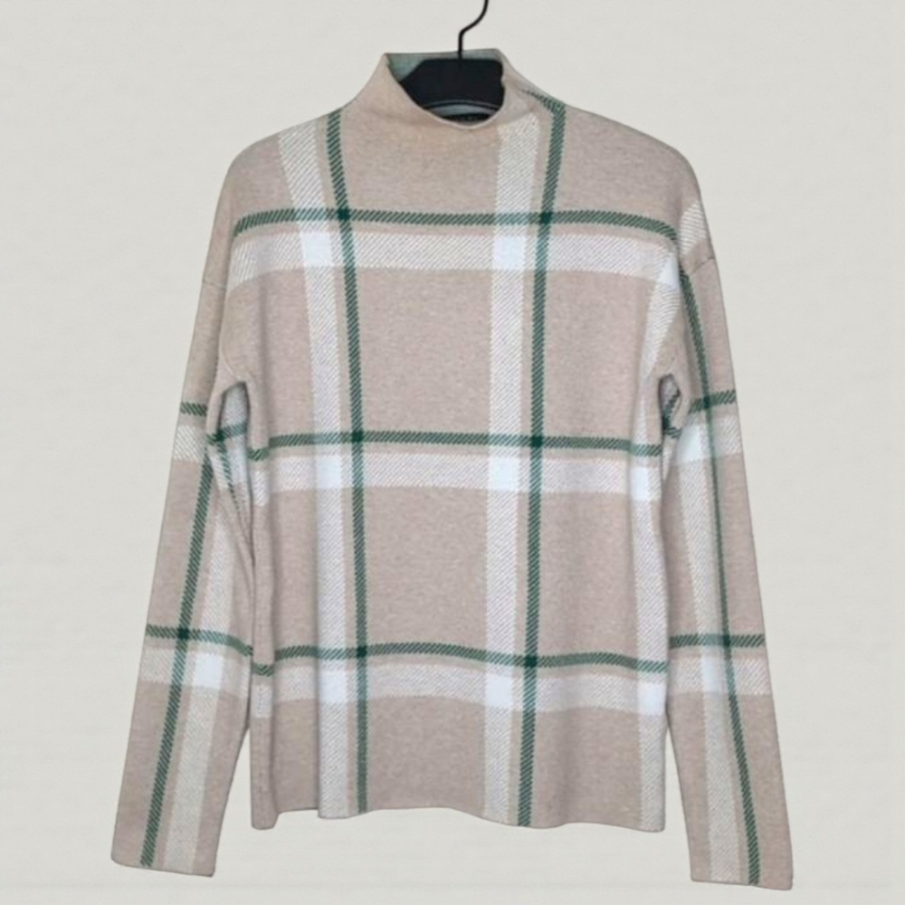 Tahari Mock-Neck Sweater Plaid Green Beige White Women's M
